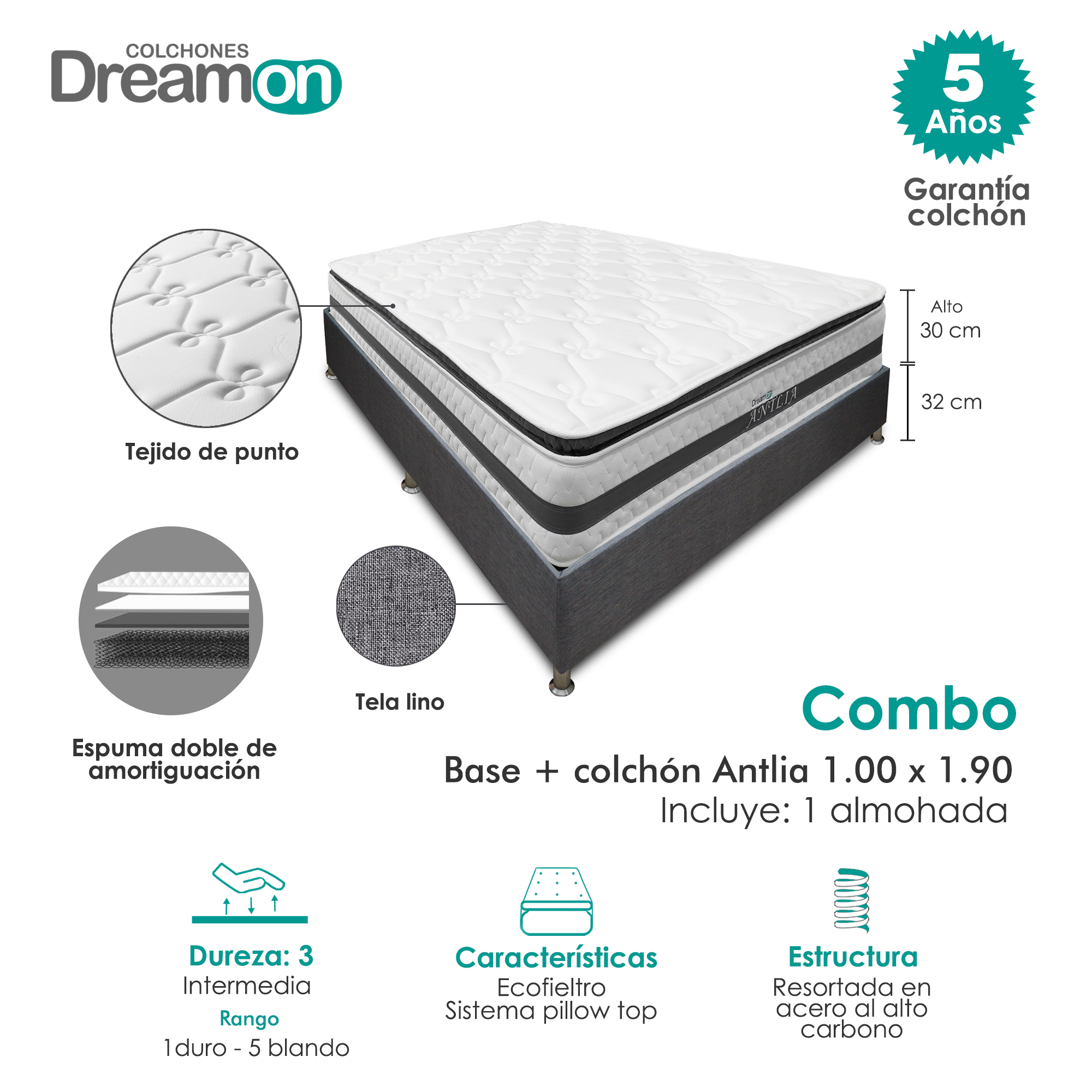Combo Base Dreamer Plus + Colchon DreamOn Antillas 100 x 190 Dureza Intermedia + Almohada
